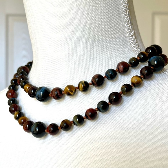 NATURAL TIGERS EYE | Multicolored Gemstones Tigers Eye Round Beaded Necklace 33” - Picture 12 of 15